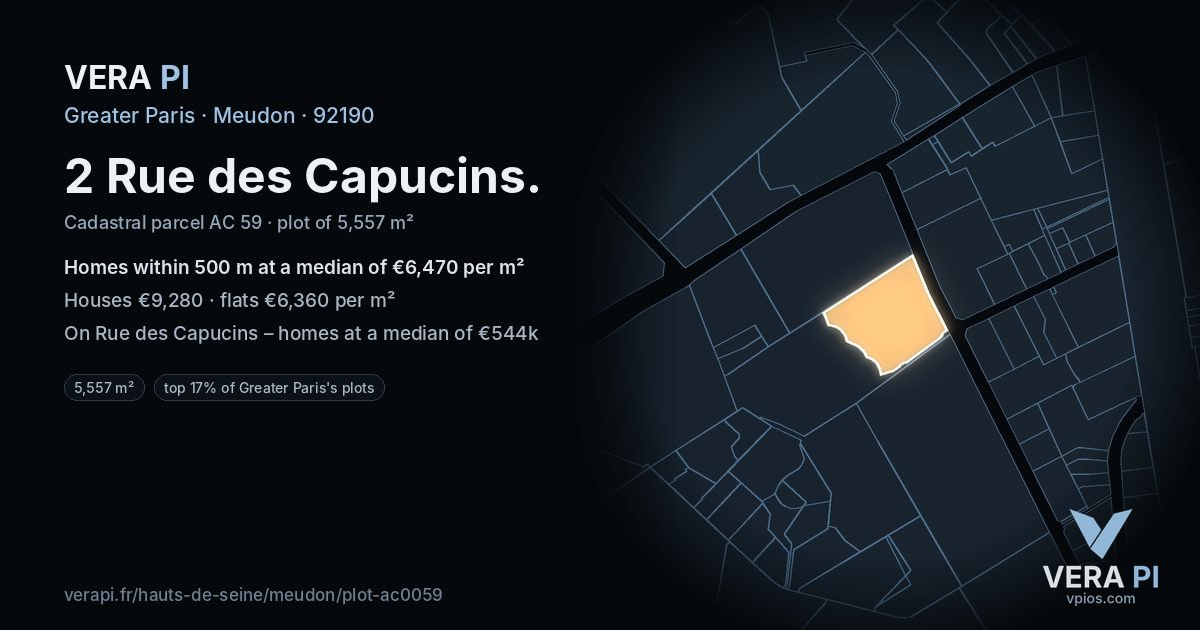 2 Rue des Capucins, Meudon at night – the plot lit, the parcels around coloured by the prices near them