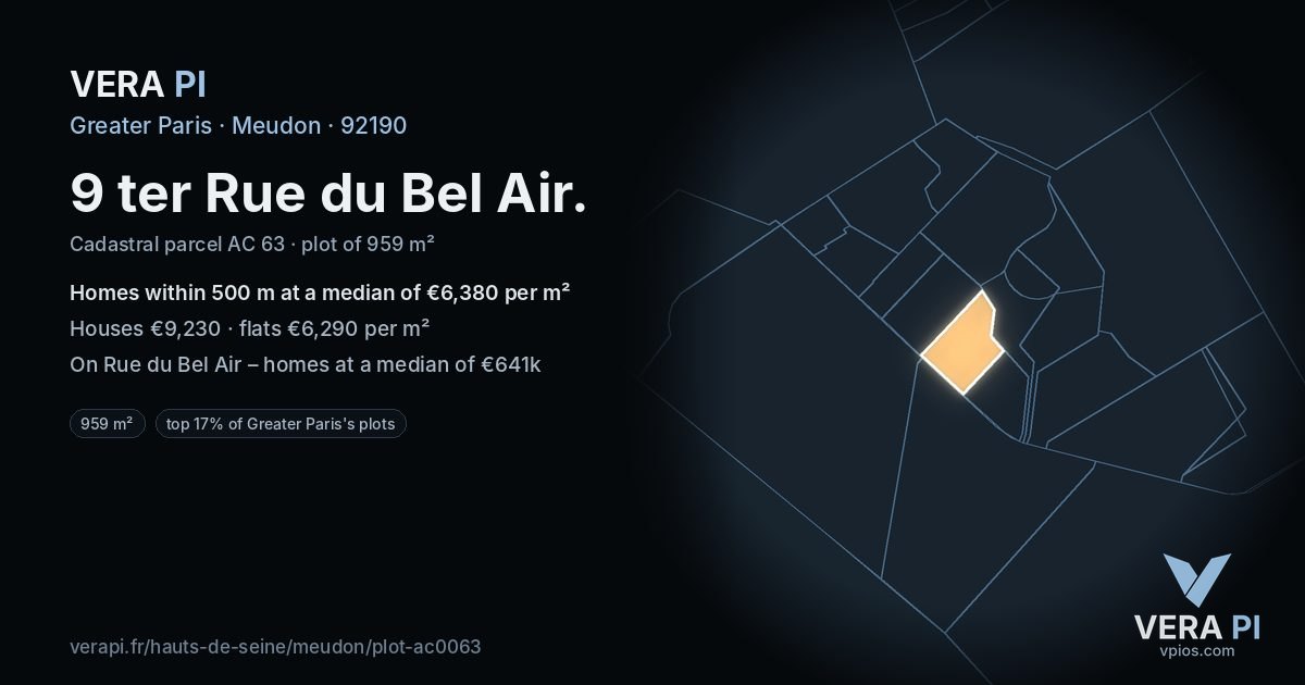 9 ter Rue du Bel Air, Meudon at night – the plot lit, the parcels around coloured by the prices near them