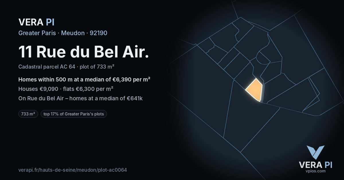 11 Rue du Bel Air, Meudon at night – the plot lit, the parcels around coloured by the prices near them