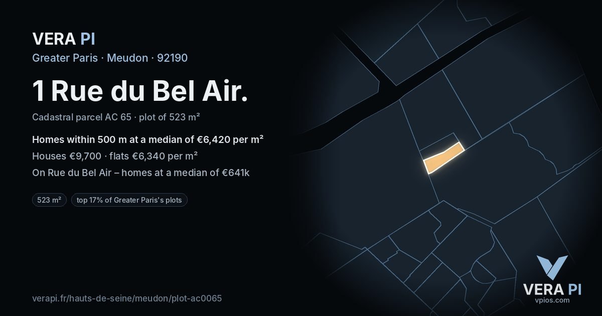 1 Rue du Bel Air, Meudon at night – the plot lit, the parcels around coloured by the prices near them
