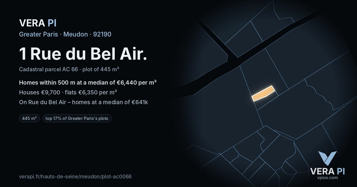 1 Rue du Bel Air, Meudon at night – the plot lit, the parcels around coloured by the prices near them