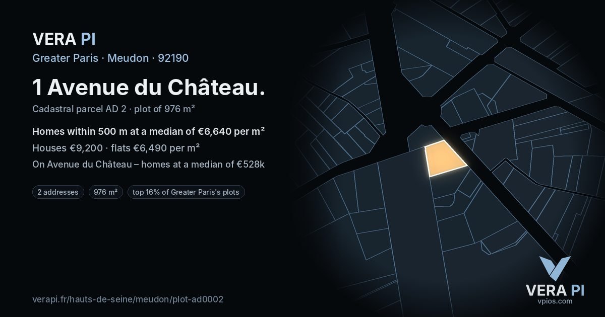 1 Avenue du Château, Meudon at night – the plot lit, the parcels around coloured by the prices near them