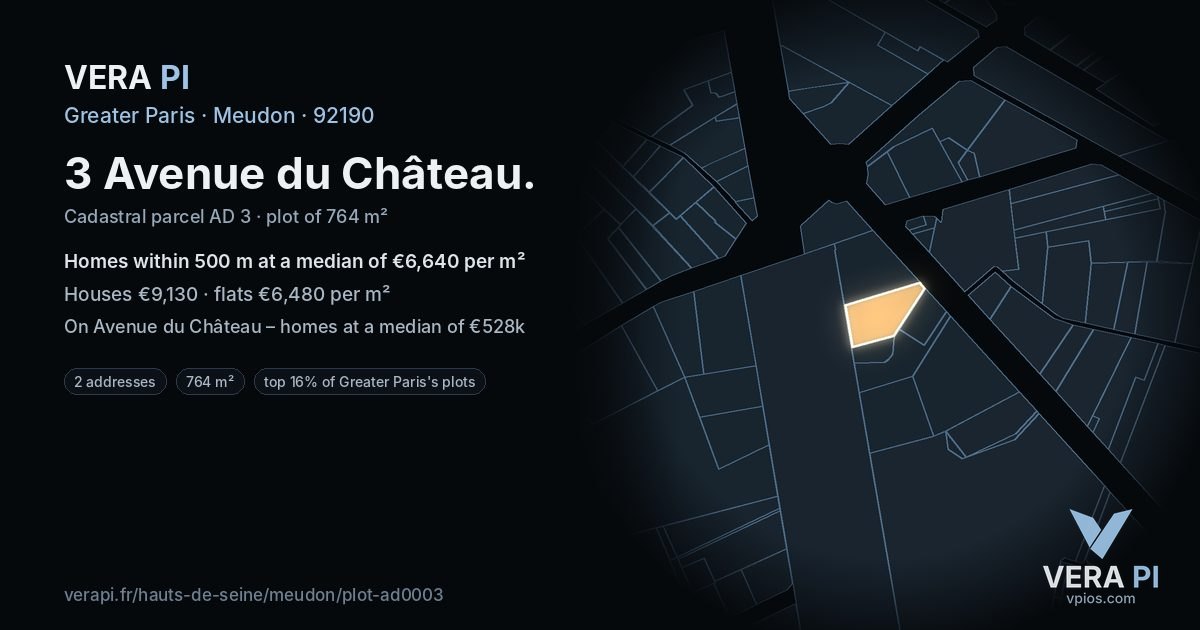 3 Avenue du Château, Meudon at night – the plot lit, the parcels around coloured by the prices near them