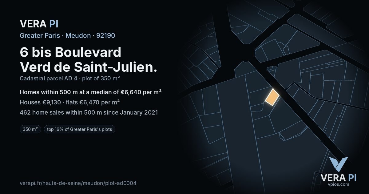 6 bis Boulevard Verd de Saint-Julien, Meudon at night – the plot lit, the parcels around coloured by the prices near them
