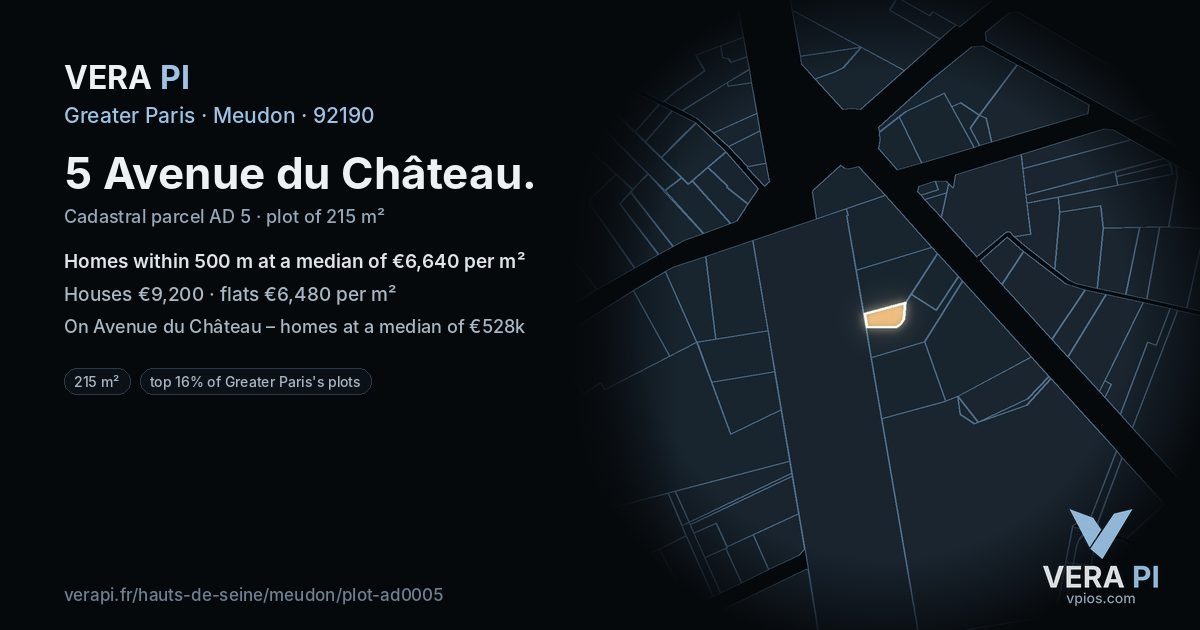 5 Avenue du Château, Meudon at night – the plot lit, the parcels around coloured by the prices near them