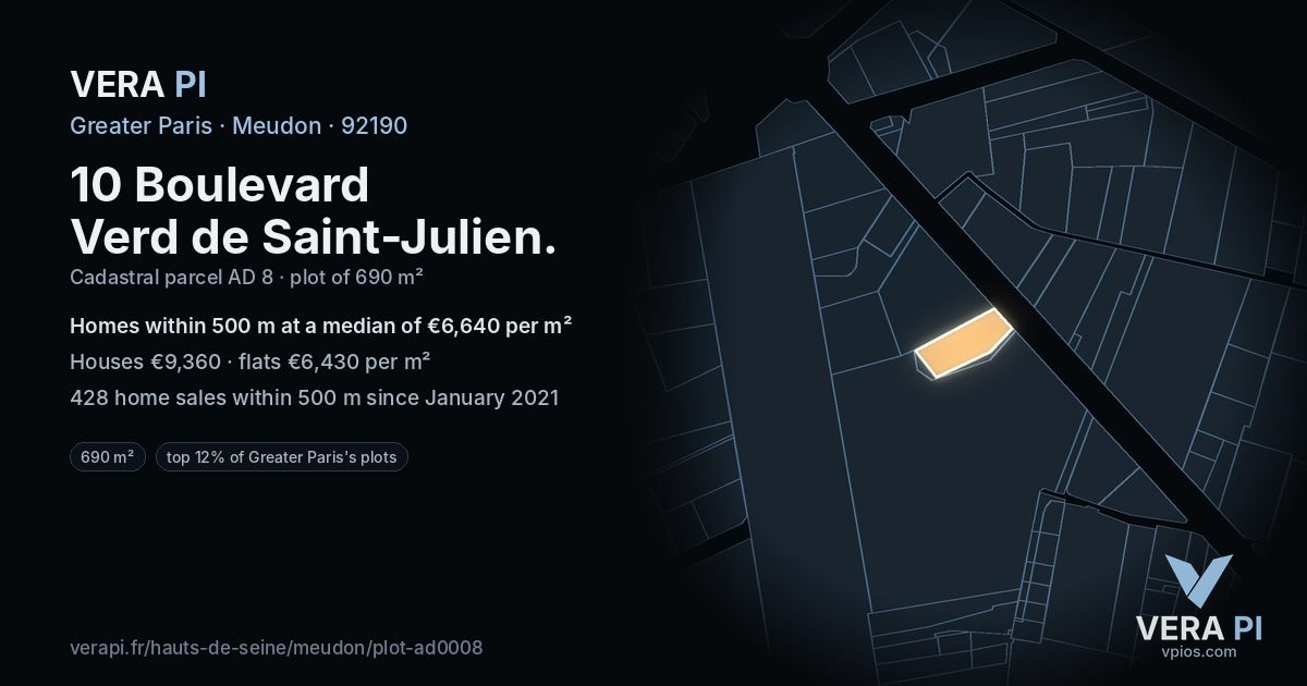 10 Boulevard Verd de Saint-Julien, Meudon at night – the plot lit, the parcels around coloured by the prices near them