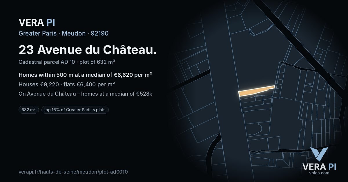 23 Avenue du Château, Meudon at night – the plot lit, the parcels around coloured by the prices near them
