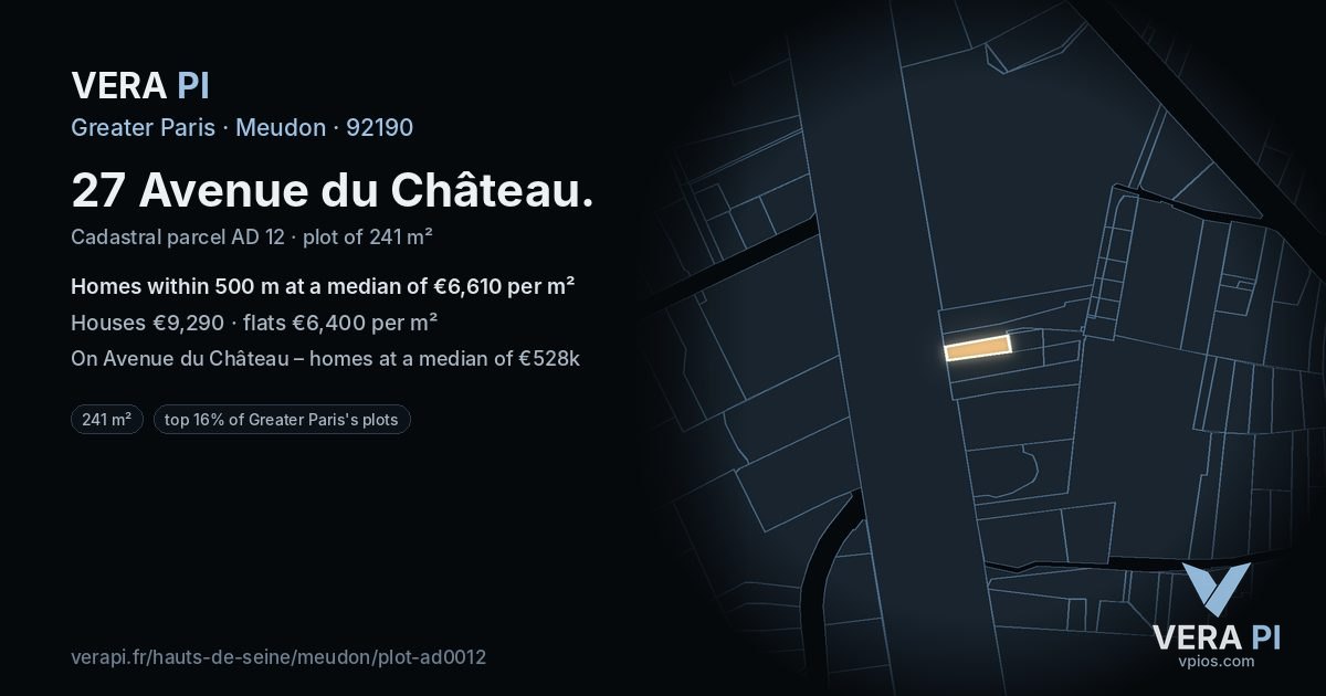 27 Avenue du Château, Meudon at night – the plot lit, the parcels around coloured by the prices near them