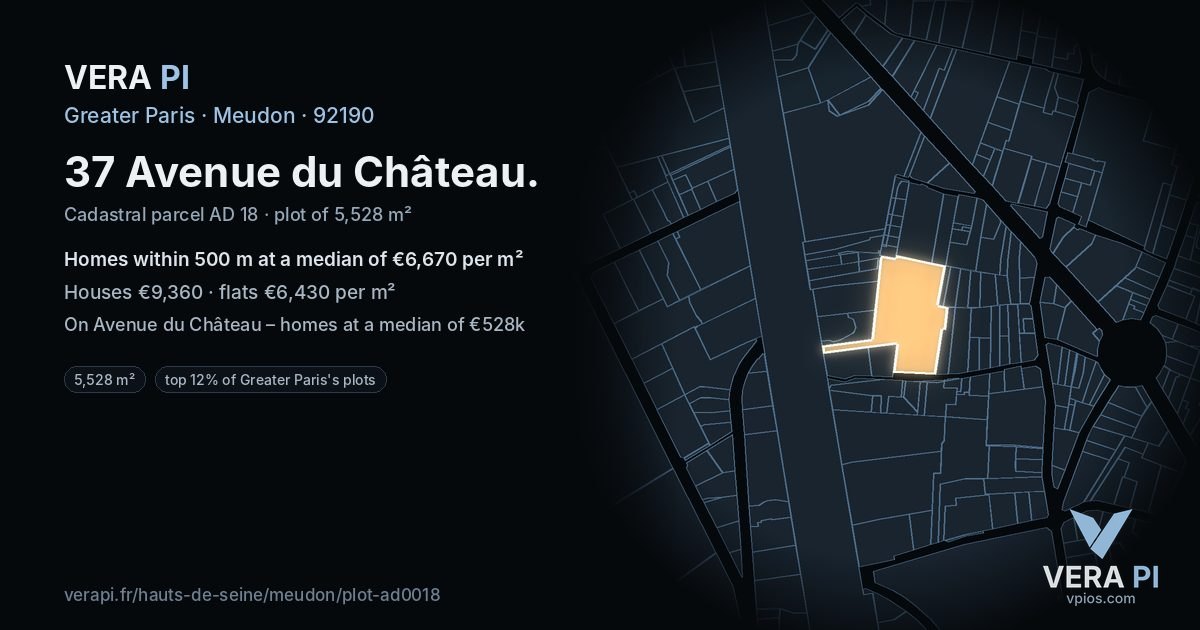 37 Avenue du Château, Meudon at night – the plot lit, the parcels around coloured by the prices near them
