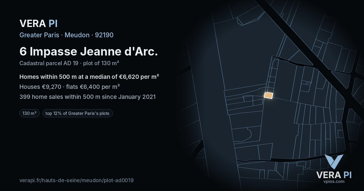 6 Impasse Jeanne d'Arc, Meudon at night – the plot lit, the parcels around coloured by the prices near them