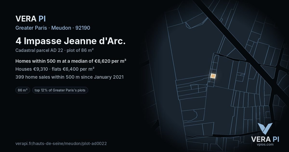 4 Impasse Jeanne d'Arc, Meudon at night – the plot lit, the parcels around coloured by the prices near them