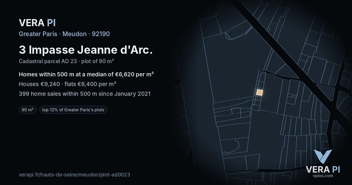 3 Impasse Jeanne d'Arc, Meudon at night – the plot lit, the parcels around coloured by the prices near them
