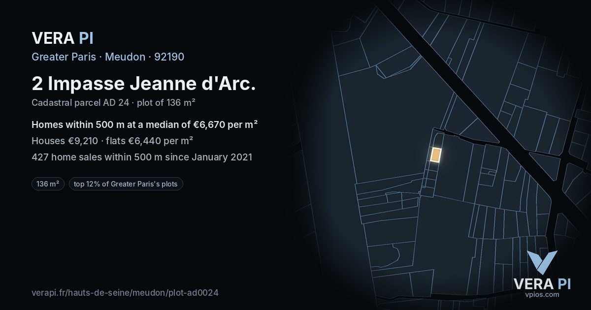 2 Impasse Jeanne d'Arc, Meudon at night – the plot lit, the parcels around coloured by the prices near them