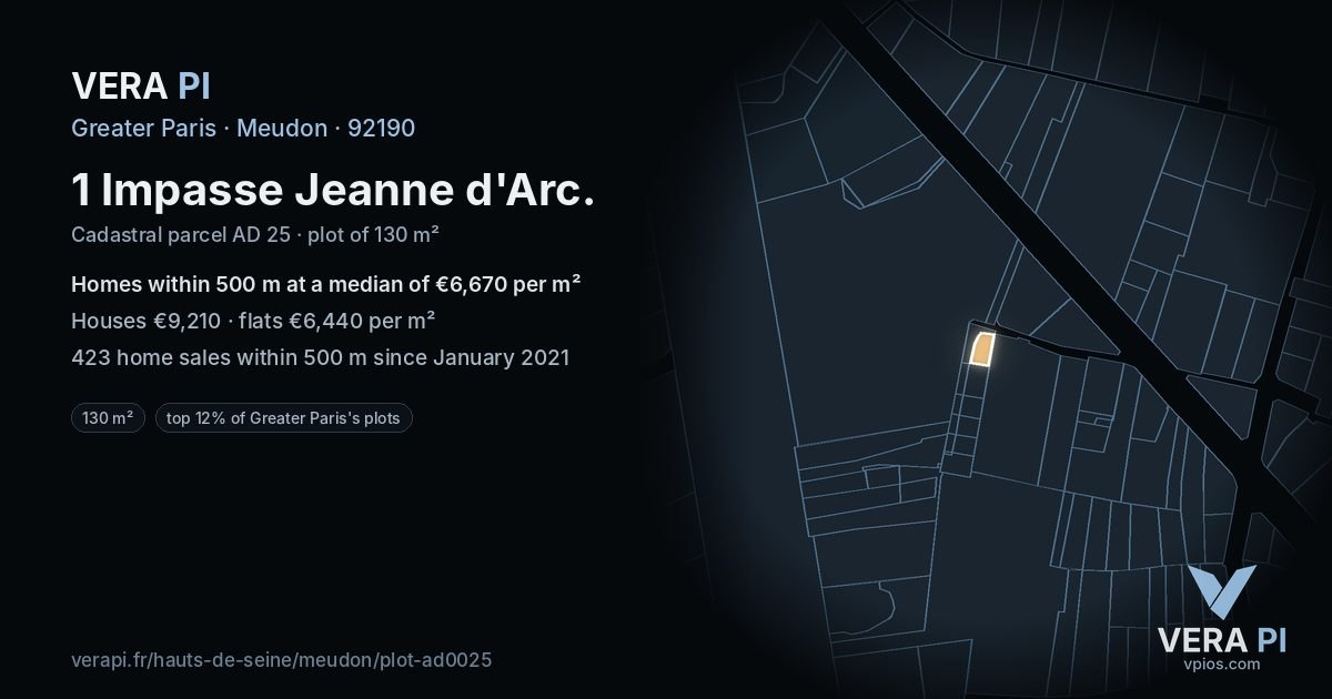 1 Impasse Jeanne d'Arc, Meudon at night – the plot lit, the parcels around coloured by the prices near them