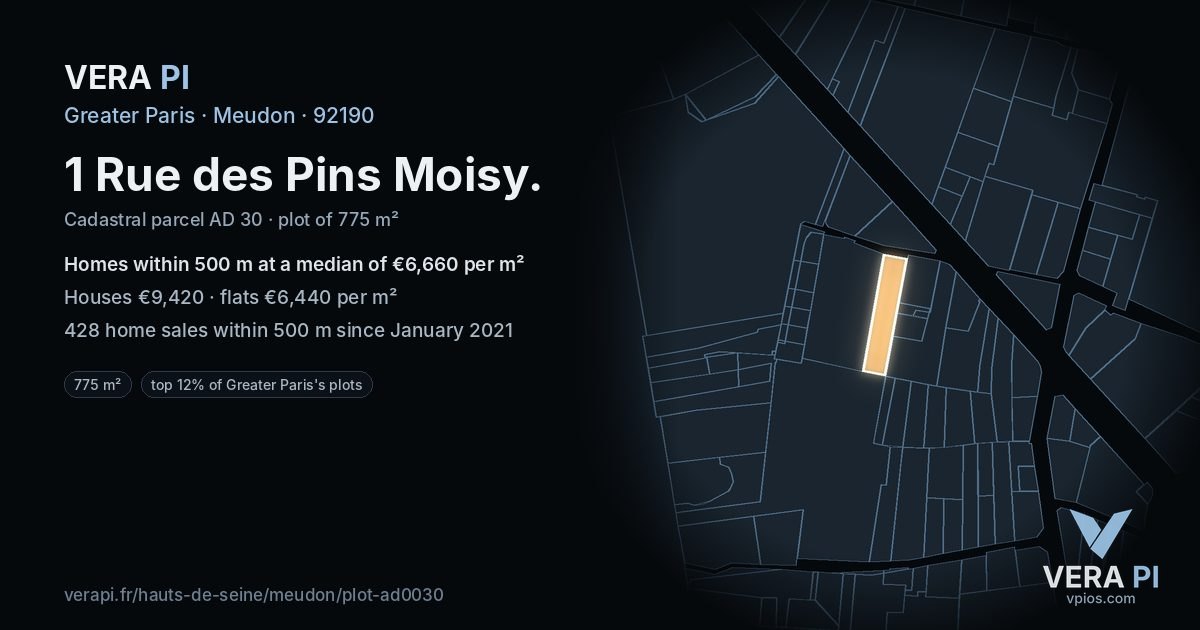 1 Rue des Pins Moisy, Meudon at night – the plot lit, the parcels around coloured by the prices near them