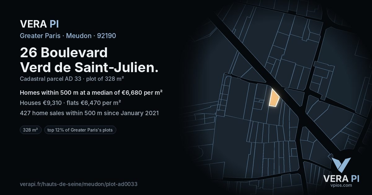 26 Boulevard Verd de Saint-Julien, Meudon at night – the plot lit, the parcels around coloured by the prices near them