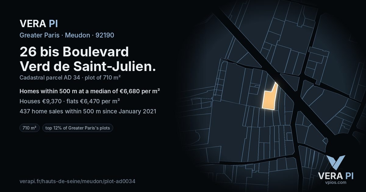26 bis Boulevard Verd de Saint-Julien, Meudon at night – the plot lit, the parcels around coloured by the prices near them
