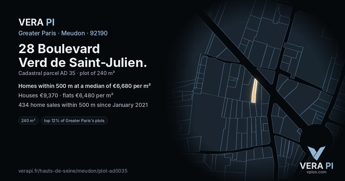 28 Boulevard Verd de Saint-Julien, Meudon at night – the plot lit, the parcels around coloured by the prices near them