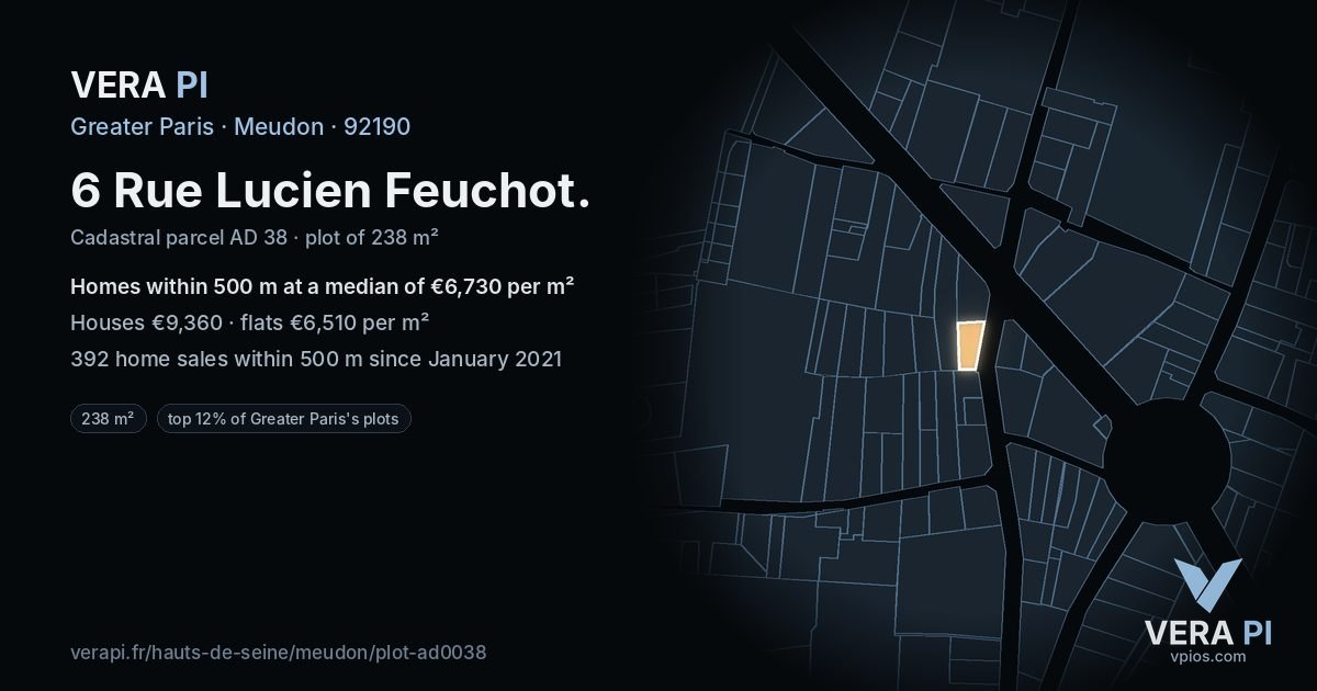6 Rue Lucien Feuchot, Meudon at night – the plot lit, the parcels around coloured by the prices near them