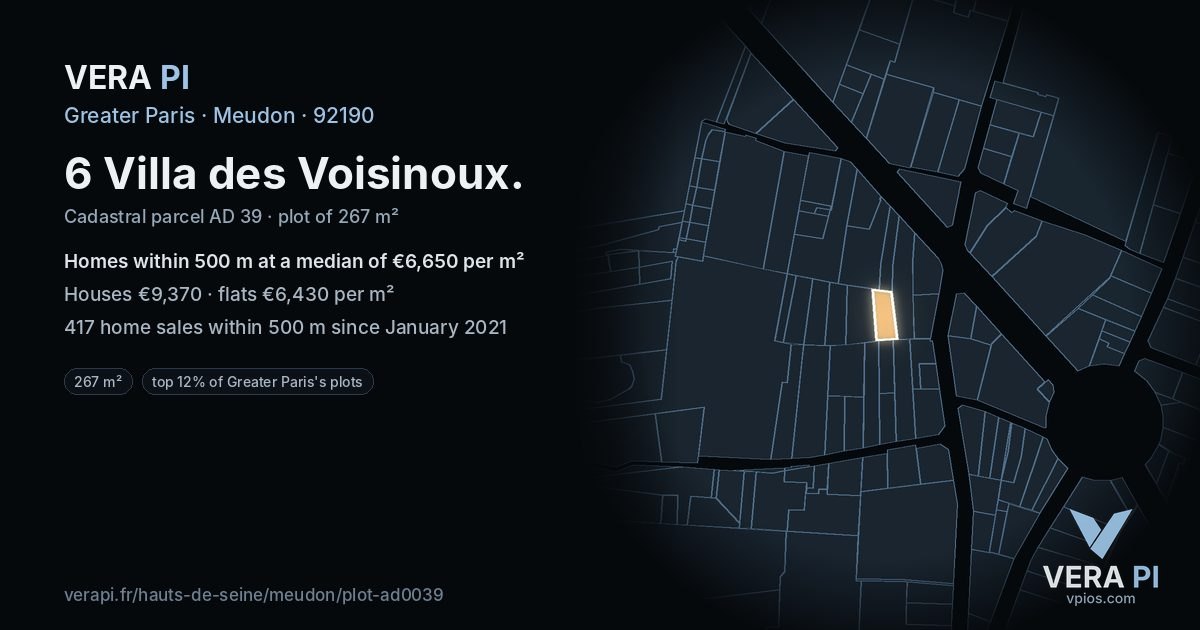 6 Villa des Voisinoux, Meudon at night – the plot lit, the parcels around coloured by the prices near them