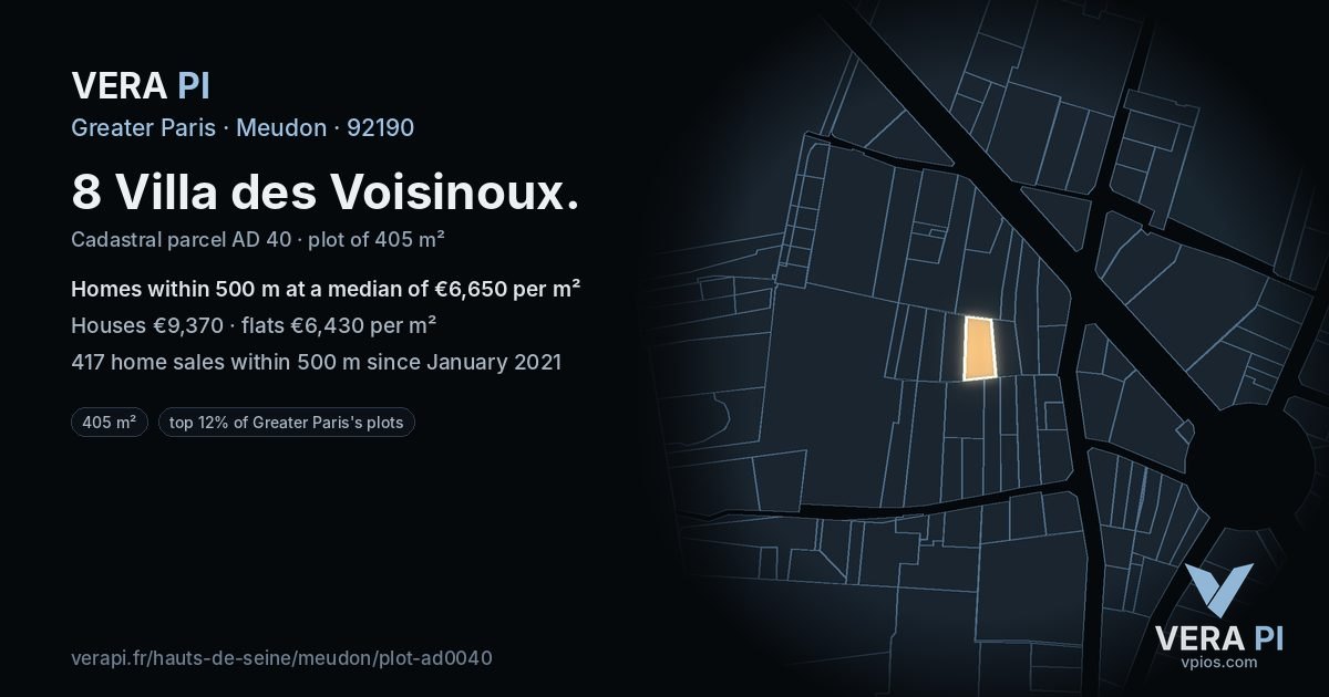 8 Villa des Voisinoux, Meudon at night – the plot lit, the parcels around coloured by the prices near them
