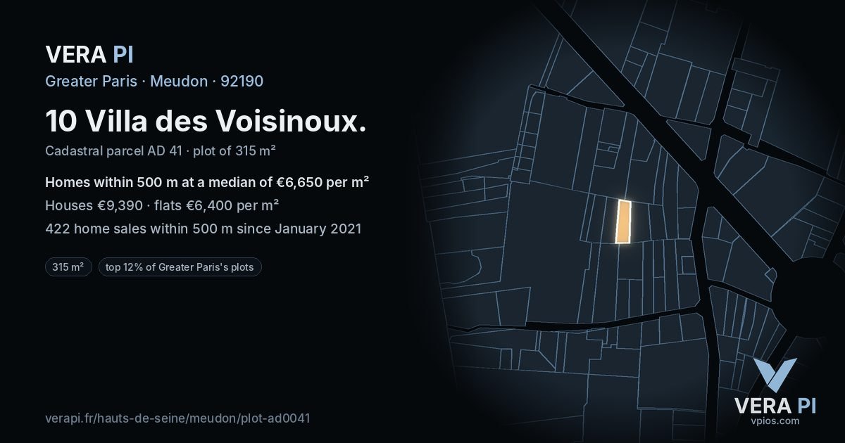 10 Villa des Voisinoux, Meudon at night – the plot lit, the parcels around coloured by the prices near them