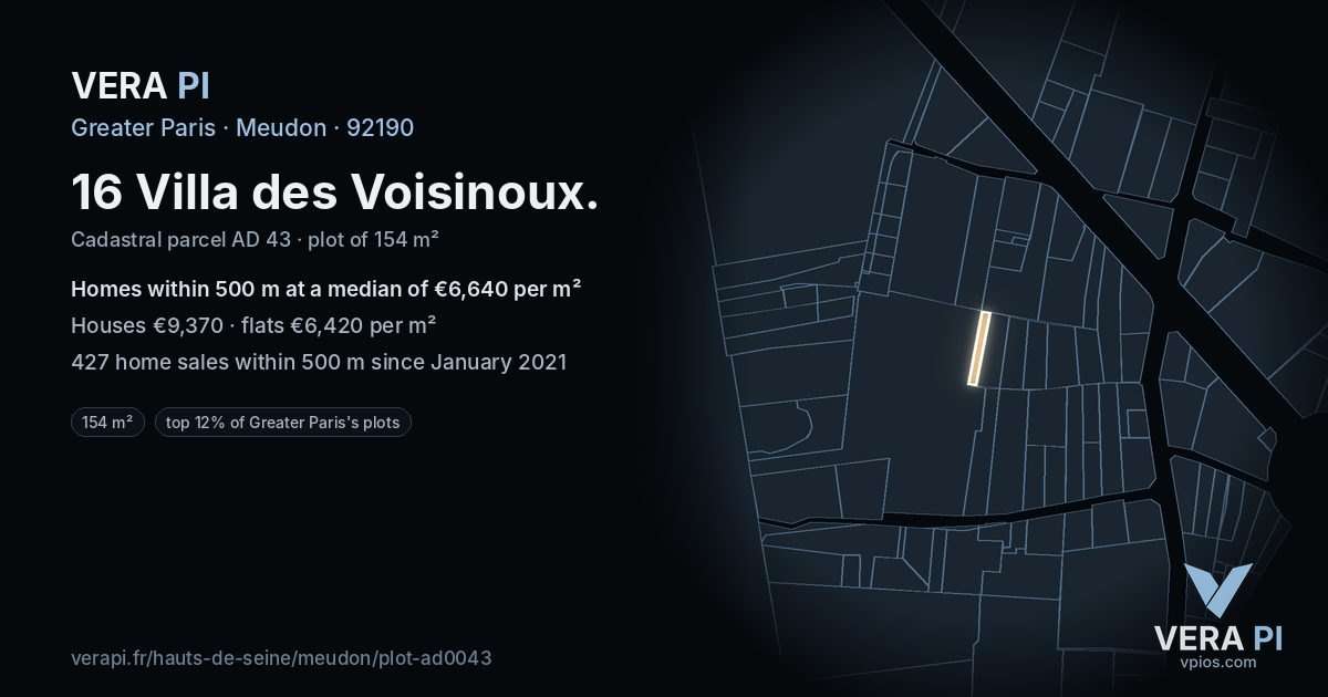 16 Villa des Voisinoux, Meudon at night – the plot lit, the parcels around coloured by the prices near them