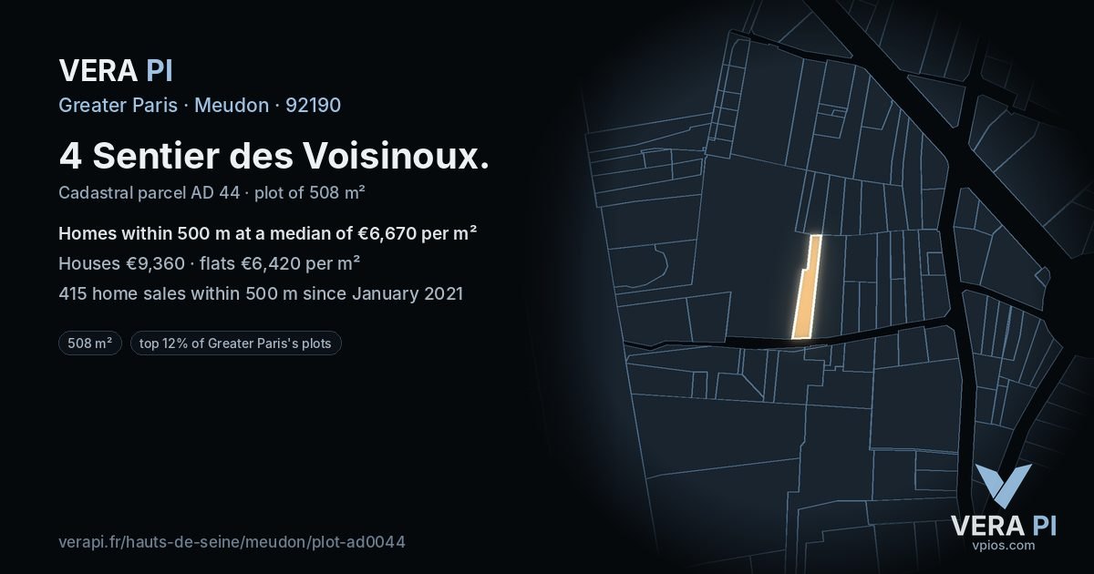 4 Sentier des Voisinoux, Meudon at night – the plot lit, the parcels around coloured by the prices near them