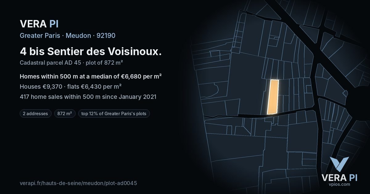 4 bis Sentier des Voisinoux, Meudon at night – the plot lit, the parcels around coloured by the prices near them