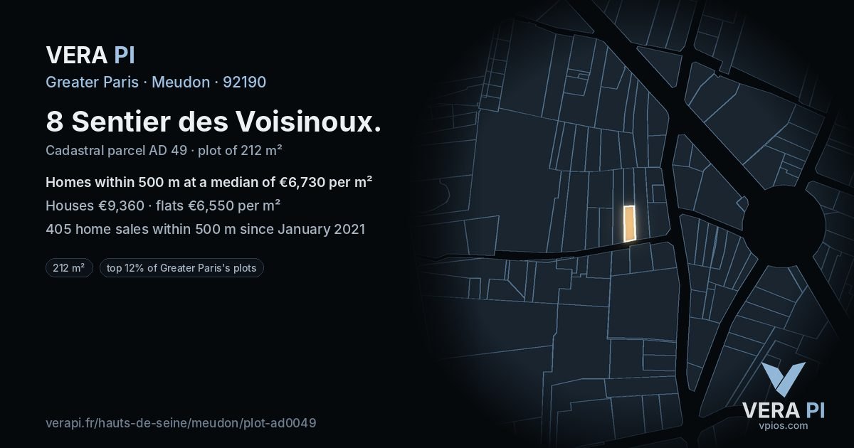8 Sentier des Voisinoux, Meudon at night – the plot lit, the parcels around coloured by the prices near them