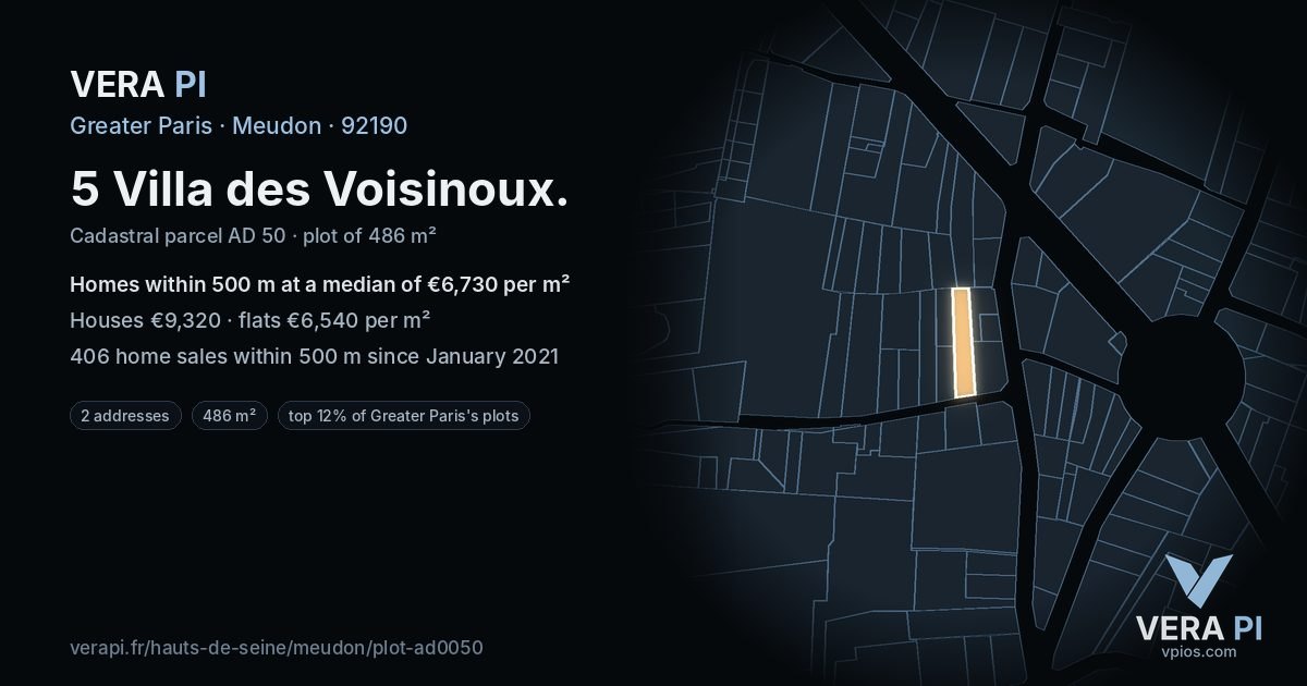 5 Villa des Voisinoux, Meudon at night – the plot lit, the parcels around coloured by the prices near them