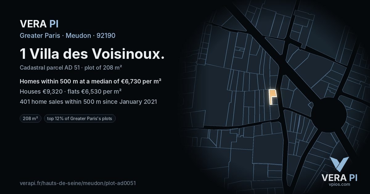 1 Villa des Voisinoux, Meudon at night – the plot lit, the parcels around coloured by the prices near them