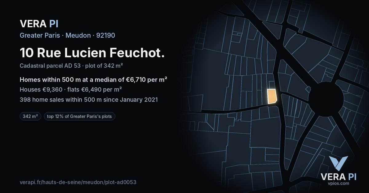 10 Rue Lucien Feuchot, Meudon at night – the plot lit, the parcels around coloured by the prices near them