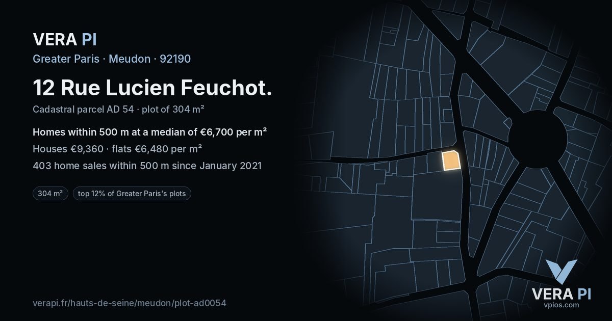 12 Rue Lucien Feuchot, Meudon at night – the plot lit, the parcels around coloured by the prices near them
