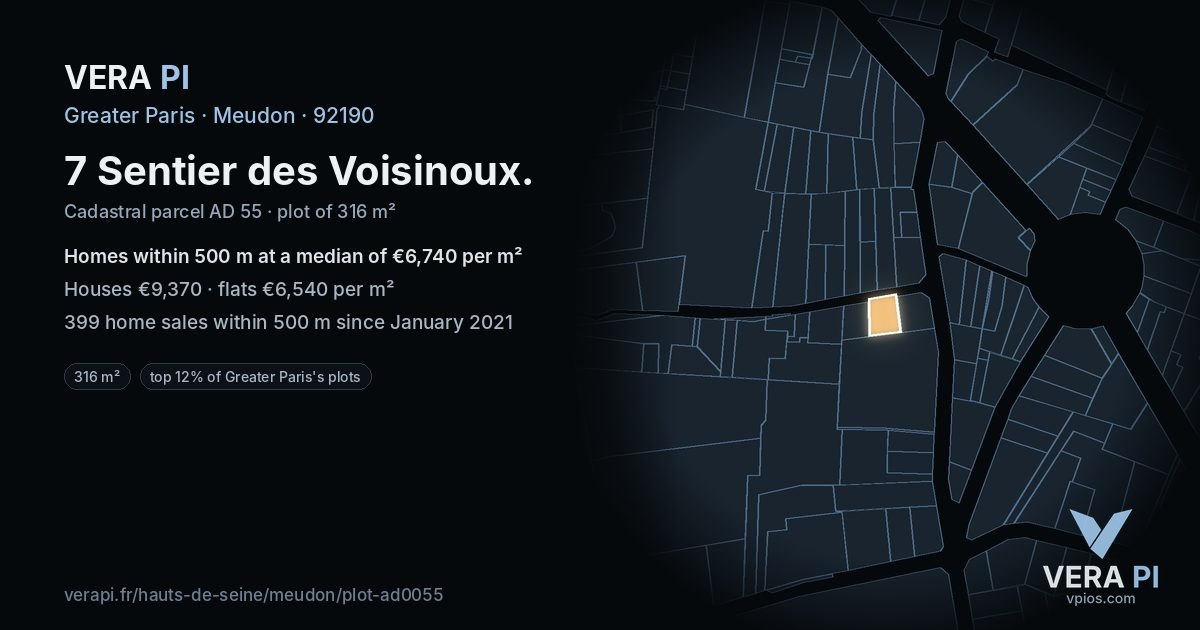 7 Sentier des Voisinoux, Meudon at night – the plot lit, the parcels around coloured by the prices near them
