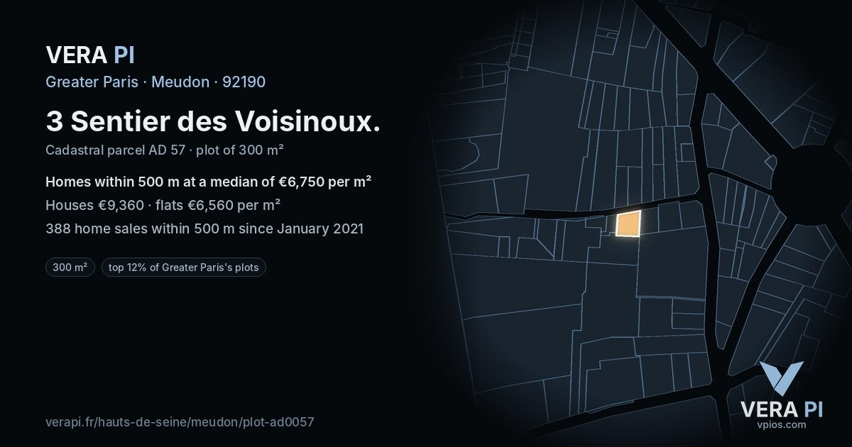 3 Sentier des Voisinoux, Meudon at night – the plot lit, the parcels around coloured by the prices near them