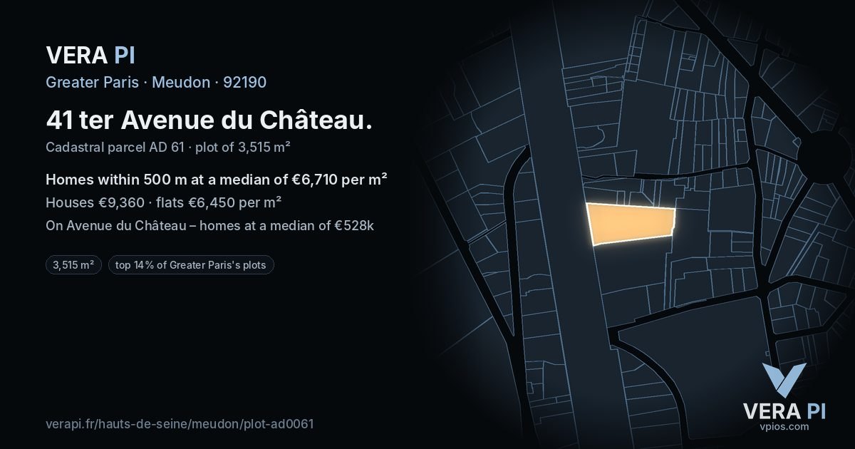 41 ter Avenue du Château, Meudon at night – the plot lit, the parcels around coloured by the prices near them