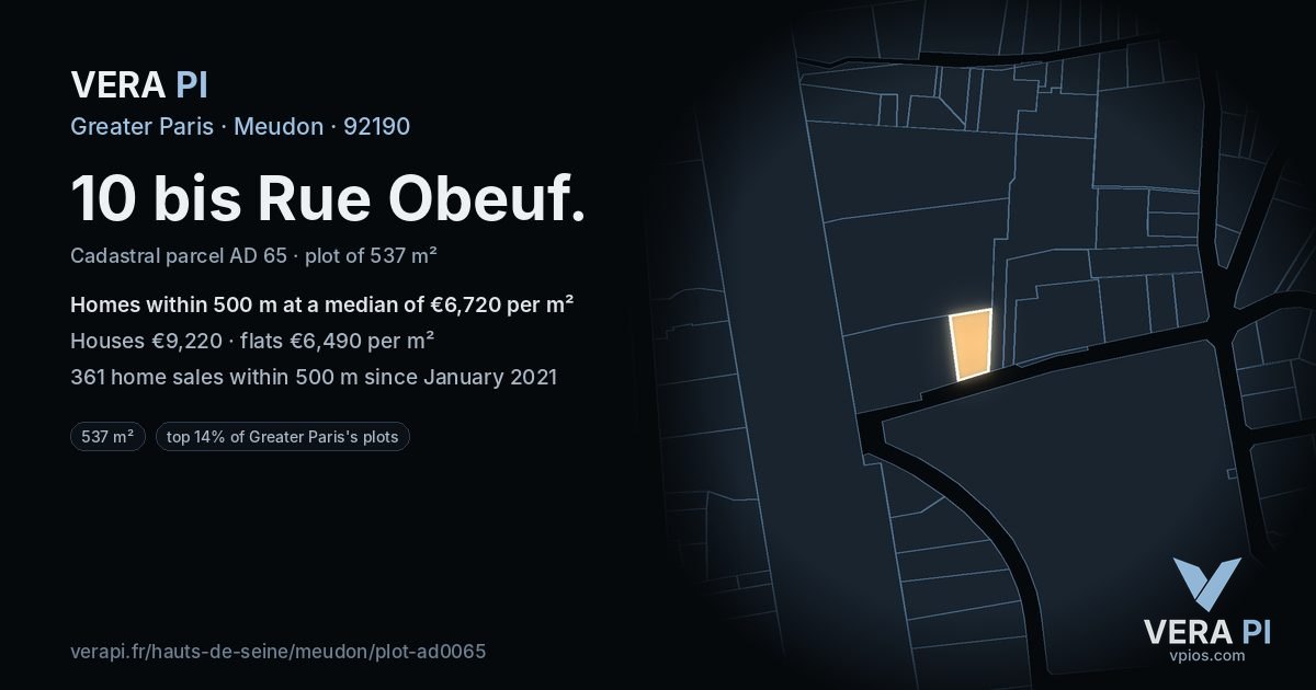 10 bis Rue Obeuf, Meudon at night – the plot lit, the parcels around coloured by the prices near them