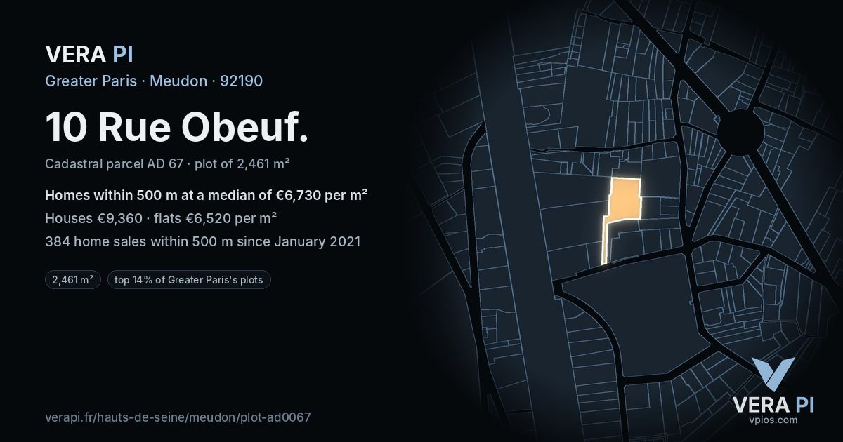 10 Rue Obeuf, Meudon at night – the plot lit, the parcels around coloured by the prices near them