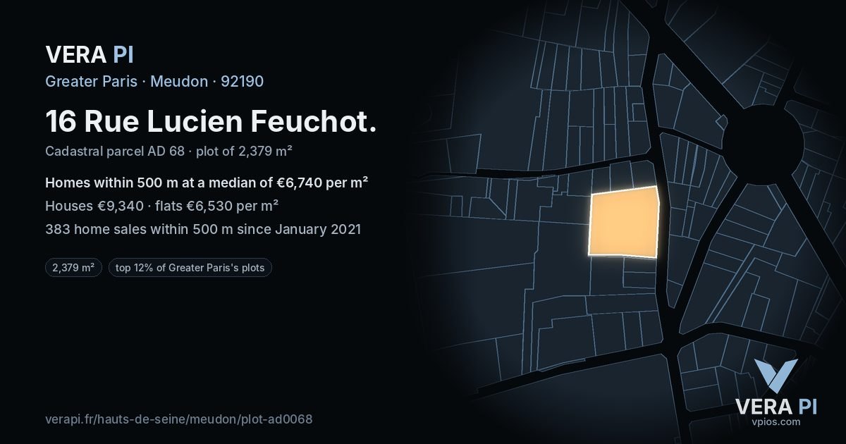16 Rue Lucien Feuchot, Meudon at night – the plot lit, the parcels around coloured by the prices near them