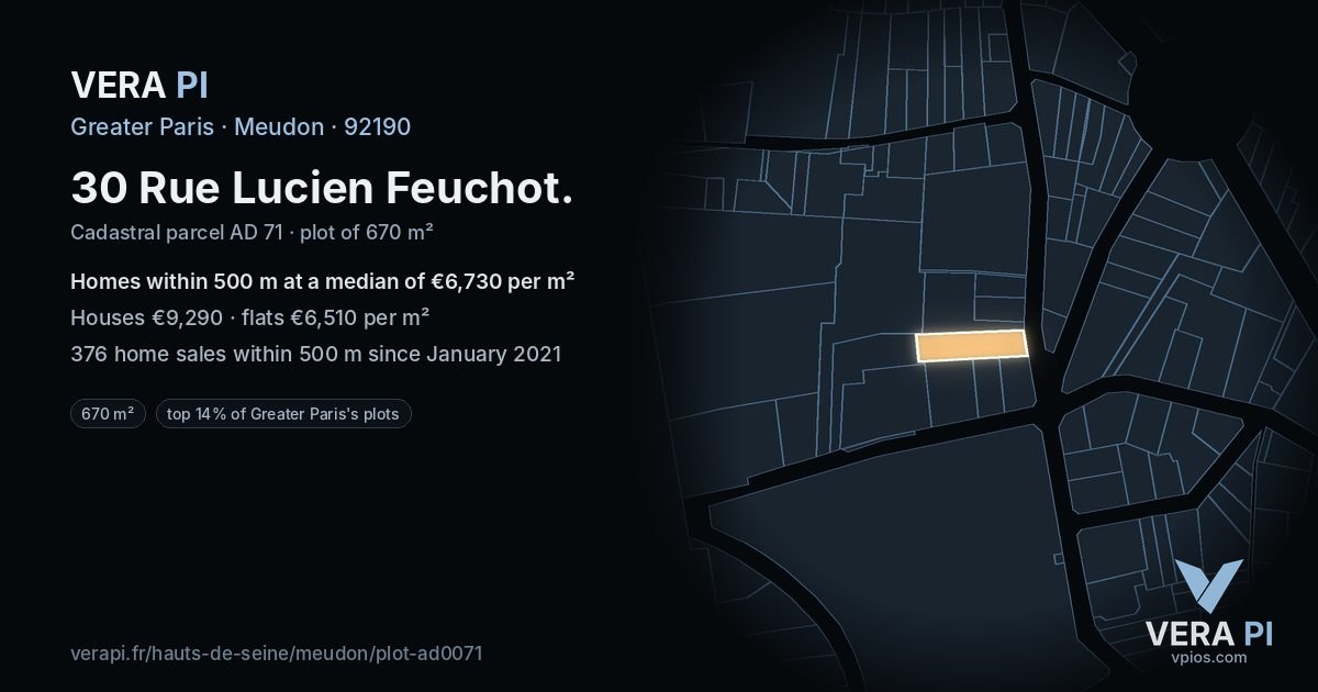 30 Rue Lucien Feuchot, Meudon at night – the plot lit, the parcels around coloured by the prices near them