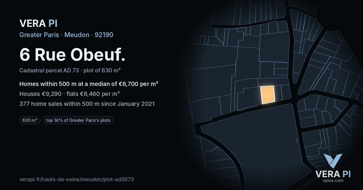 6 Rue Obeuf, Meudon at night – the plot lit, the parcels around coloured by the prices near them