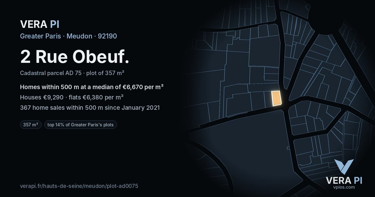 2 Rue Obeuf, Meudon at night – the plot lit, the parcels around coloured by the prices near them