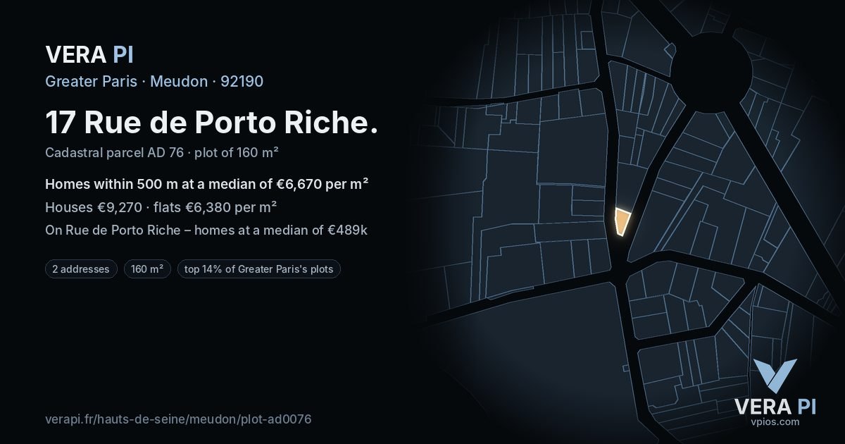 17 Rue de Porto Riche, Meudon at night – the plot lit, the parcels around coloured by the prices near them