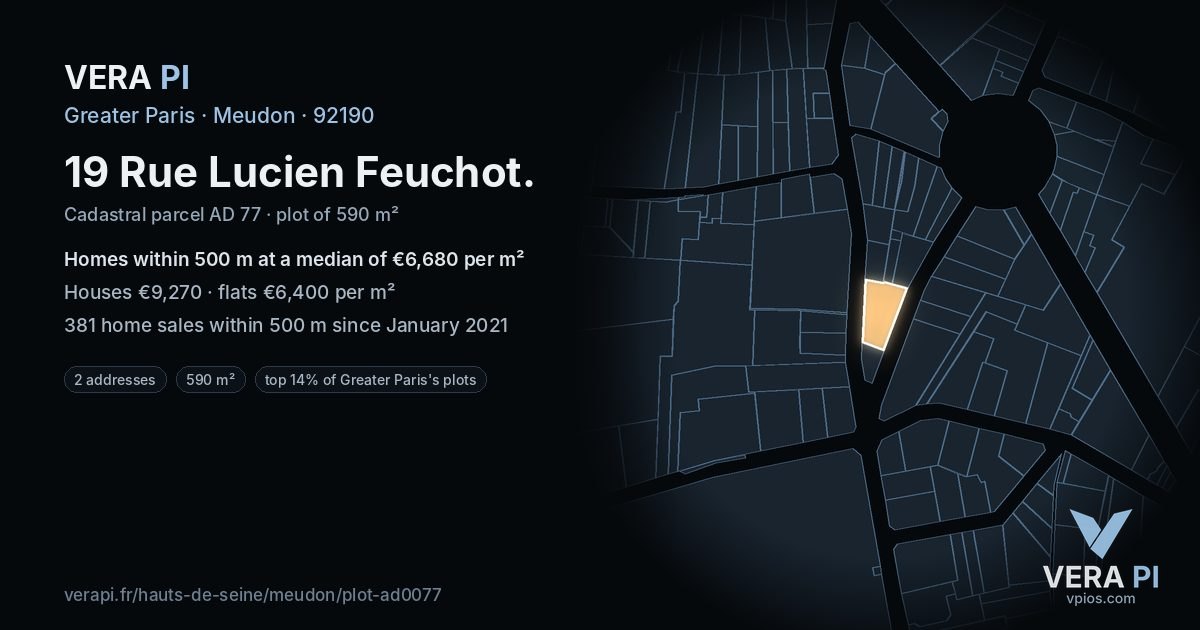 19 Rue Lucien Feuchot, Meudon at night – the plot lit, the parcels around coloured by the prices near them