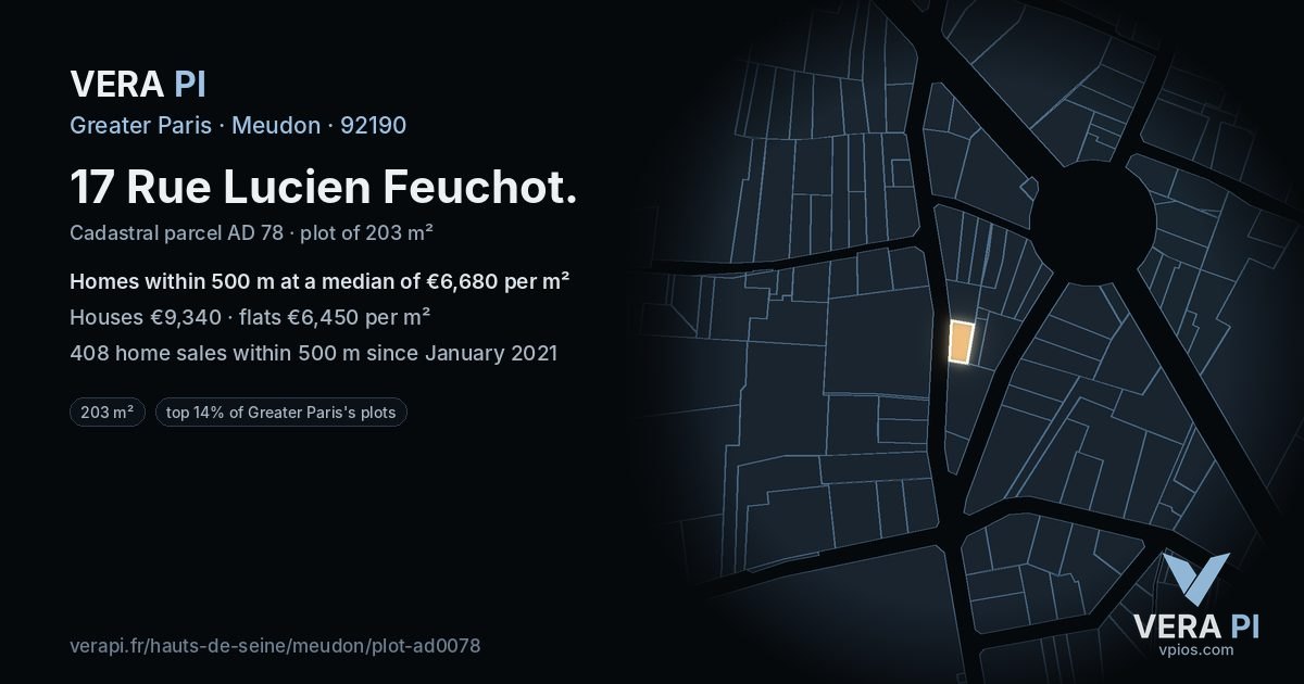 17 Rue Lucien Feuchot, Meudon at night – the plot lit, the parcels around coloured by the prices near them