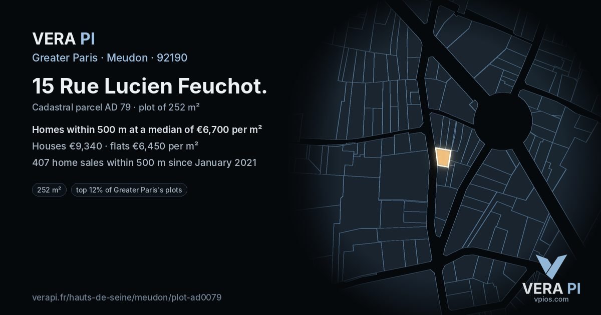 15 Rue Lucien Feuchot, Meudon at night – the plot lit, the parcels around coloured by the prices near them