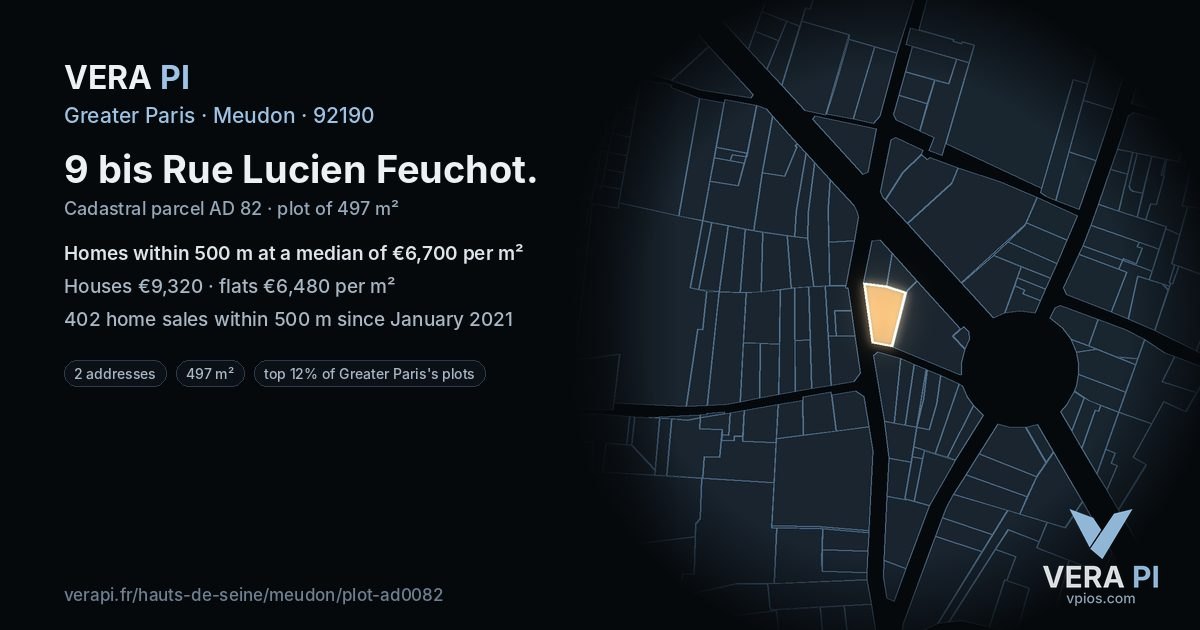 9 bis Rue Lucien Feuchot, Meudon at night – the plot lit, the parcels around coloured by the prices near them
