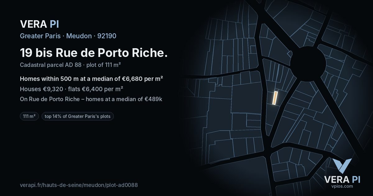 19 bis Rue de Porto Riche, Meudon at night – the plot lit, the parcels around coloured by the prices near them