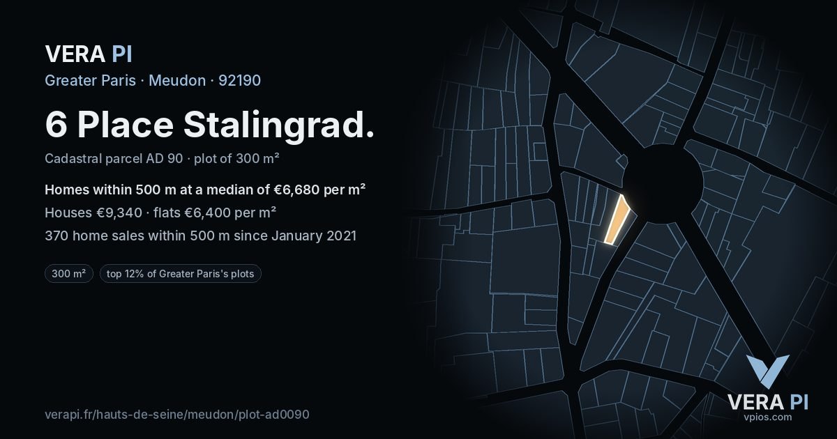 6 Place Stalingrad, Meudon at night – the plot lit, the parcels around coloured by the prices near them